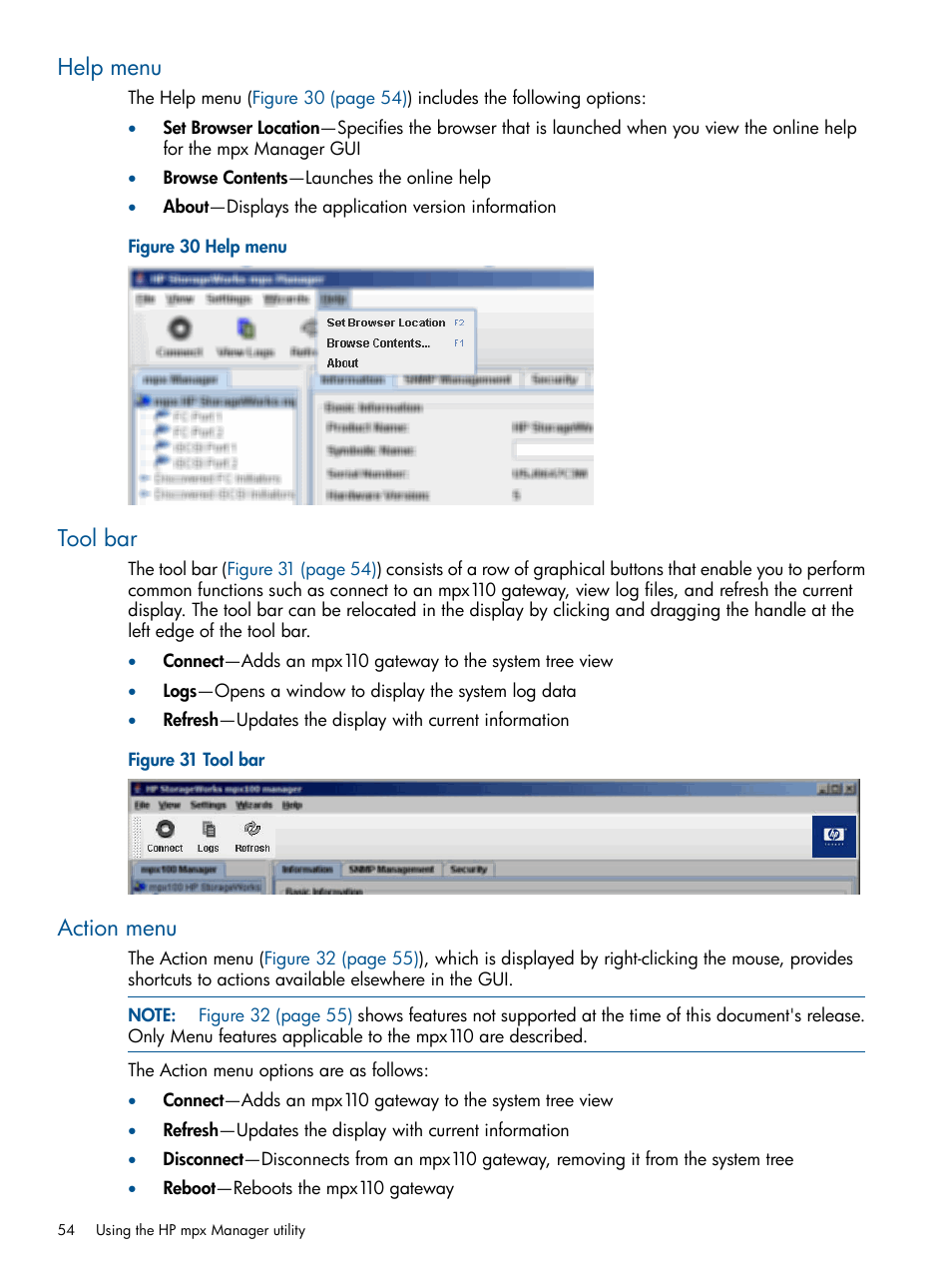 Help menu, Tool bar, Action menu | Help menu tool bar action menu | HP IP Distance Gateway User Manual | Page 54 / 153