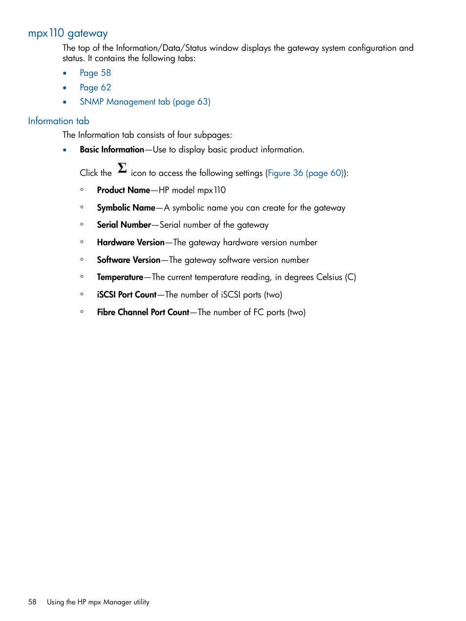 Mpx110 gateway, Information tab | HP IP Distance Gateway User Manual | Page 58 / 153