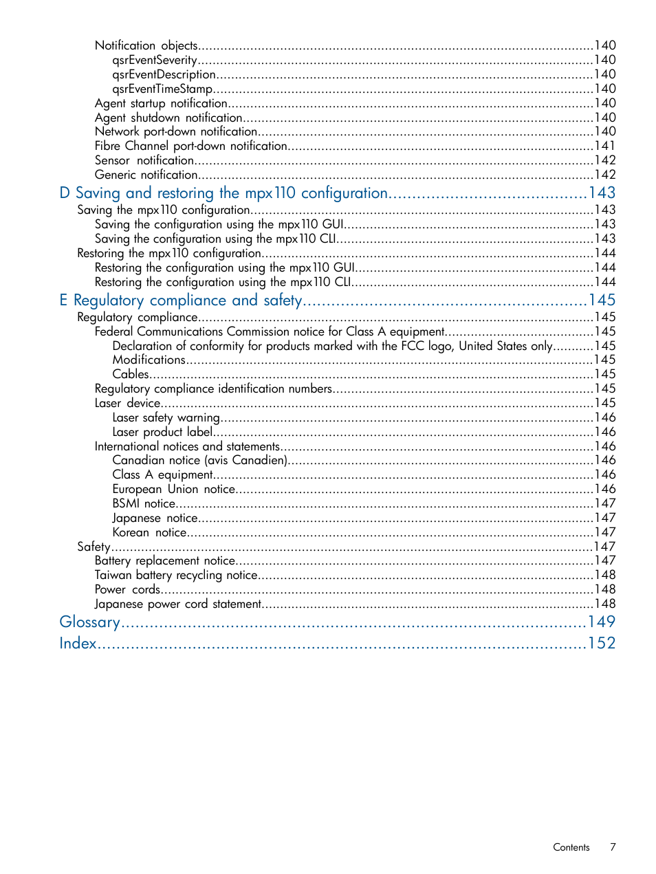 D saving and restoring the mpx110 configuration, E regulatory compliance and safety, Glossary index | HP IP Distance Gateway User Manual | Page 7 / 153