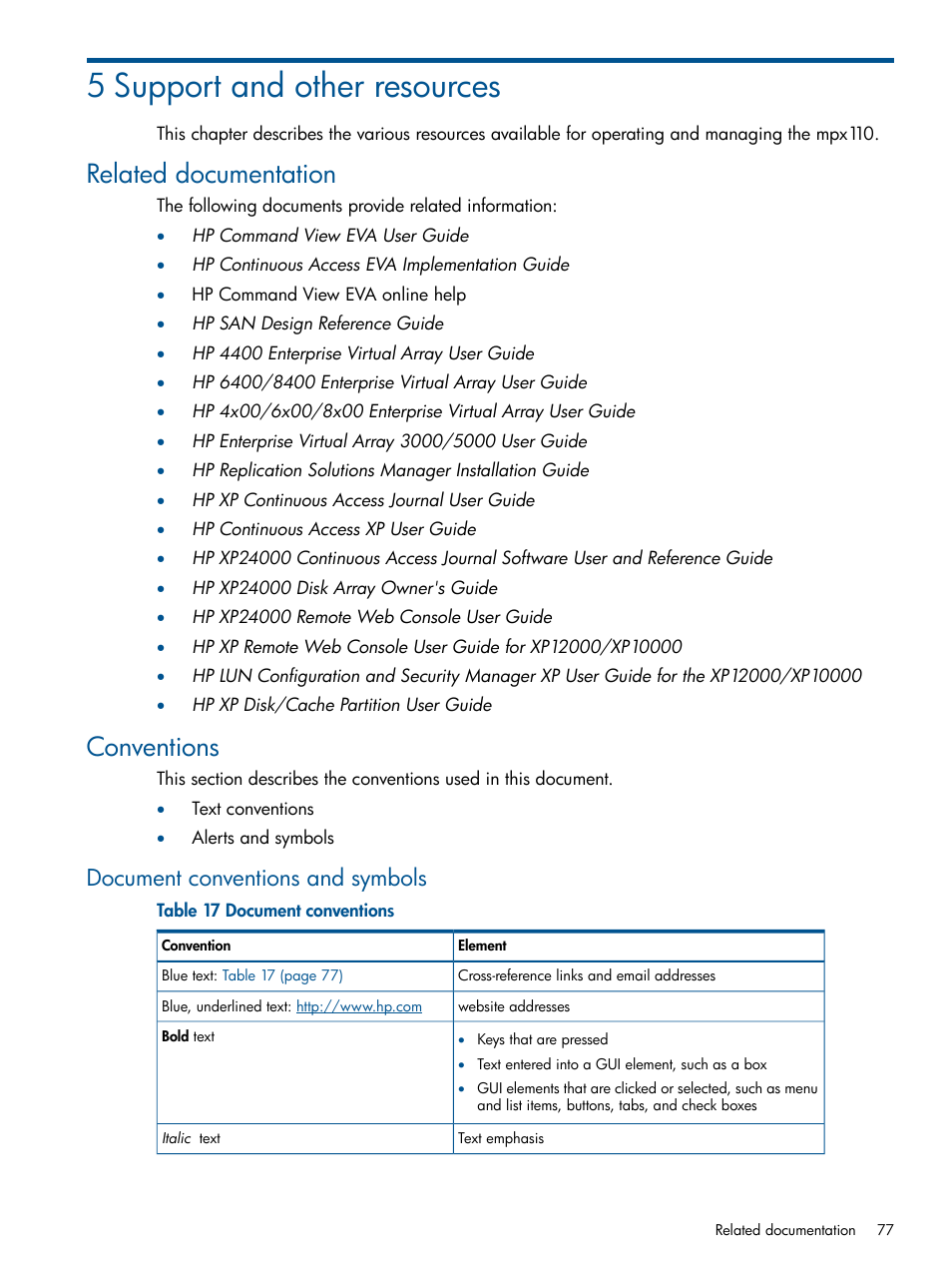 5 support and other resources, Related documentation, Conventions | Document conventions and symbols, Related documentation conventions | HP IP Distance Gateway User Manual | Page 77 / 153
