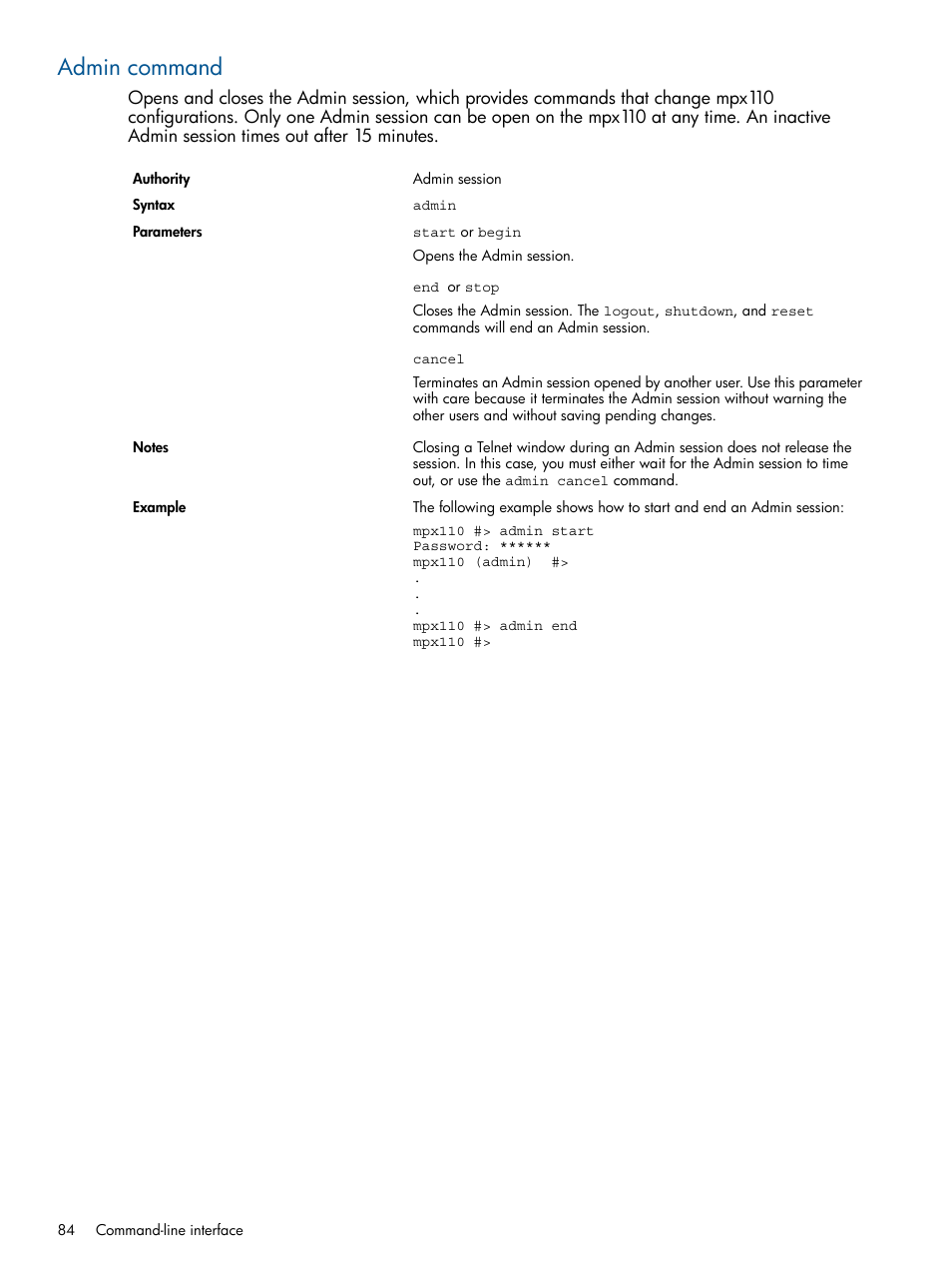 Admin command | HP IP Distance Gateway User Manual | Page 84 / 153