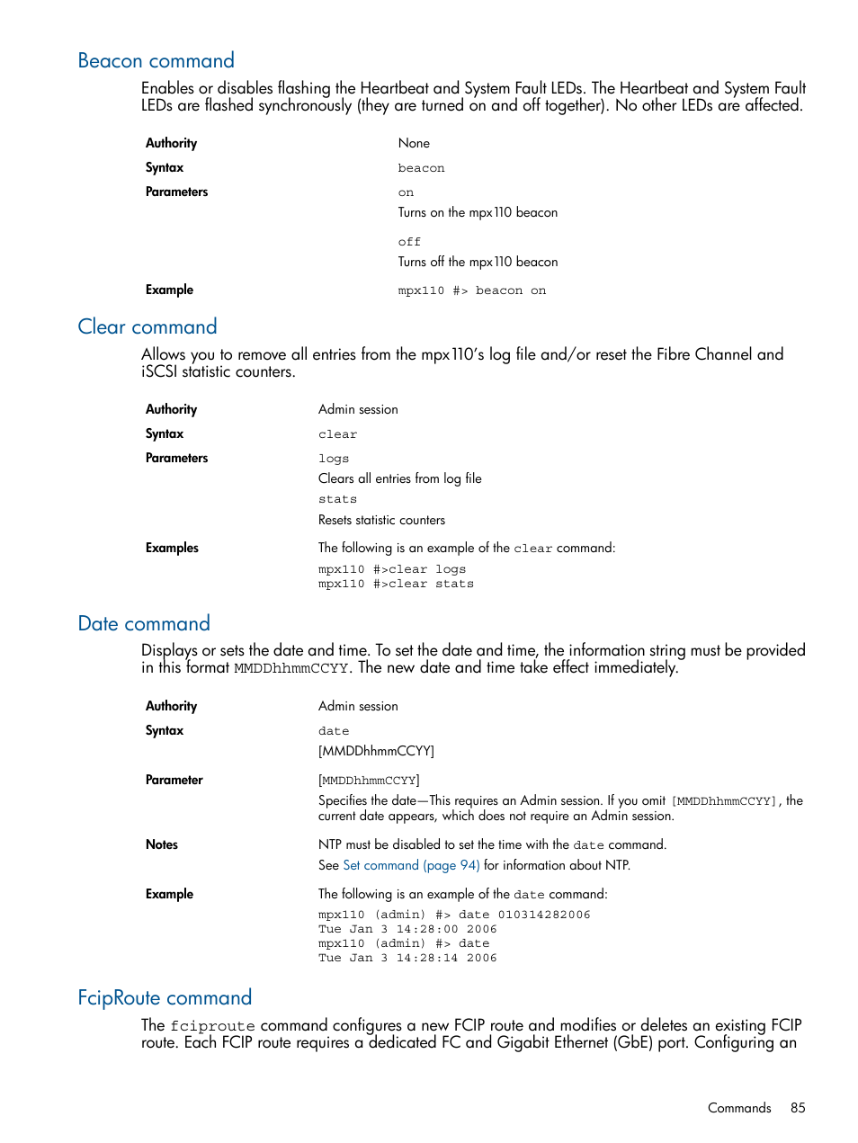Beacon command, Clear command, Date command | Fciproute command | HP IP Distance Gateway User Manual | Page 85 / 153