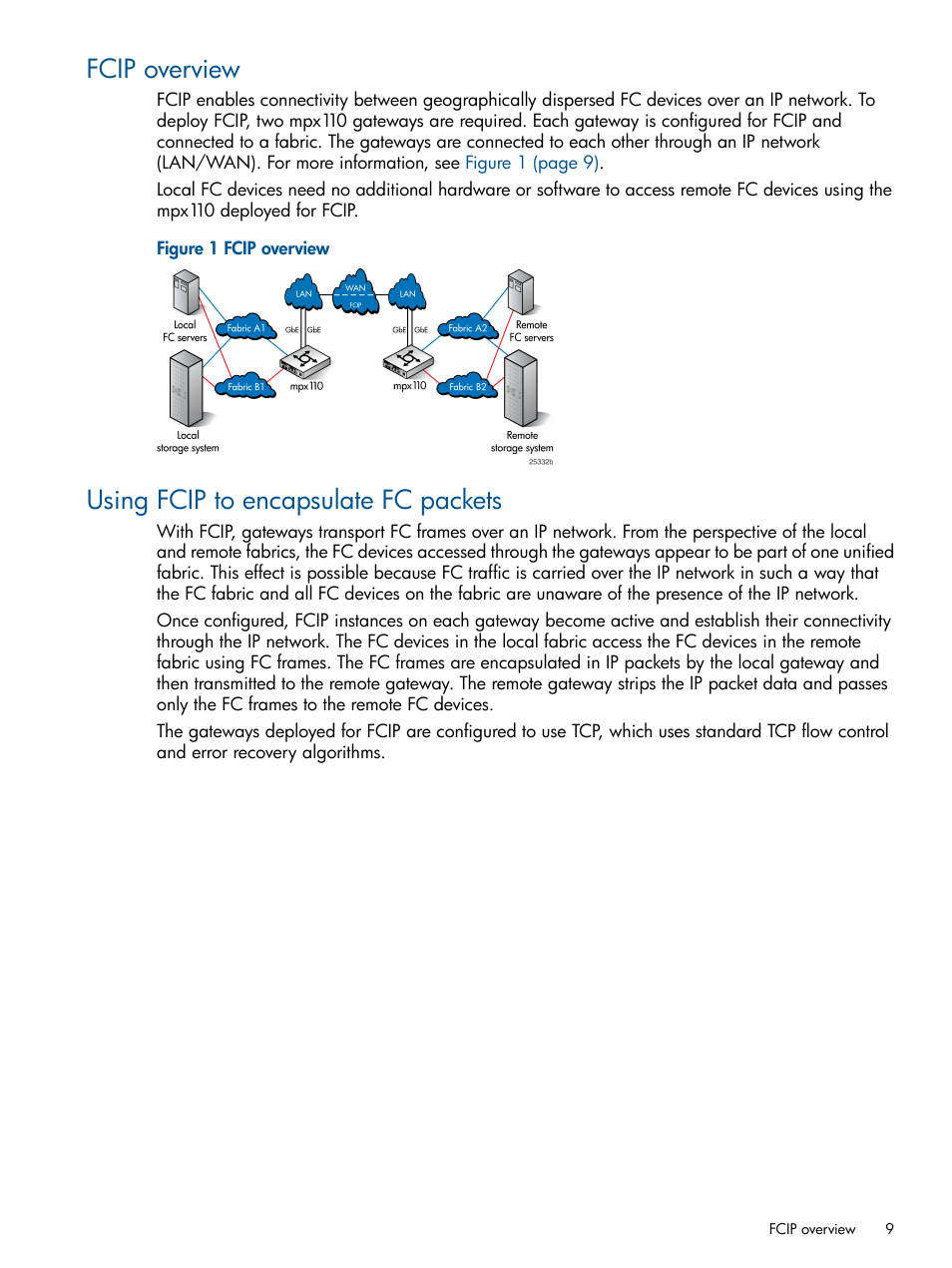 Fcip overview, Using fcip to encapsulate fc packets, Fcip overview using fcip to encapsulate fc packets | HP IP Distance Gateway User Manual | Page 9 / 153