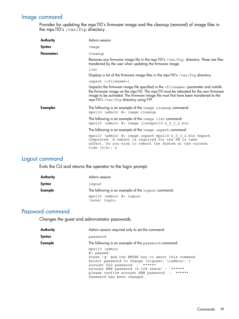 Image command, Logout command, Password command | Image command logout command password command | HP IP Distance Gateway User Manual | Page 91 / 153