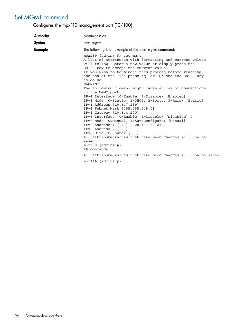 Set mgmt command | HP IP Distance Gateway User Manual | Page 96 / 153