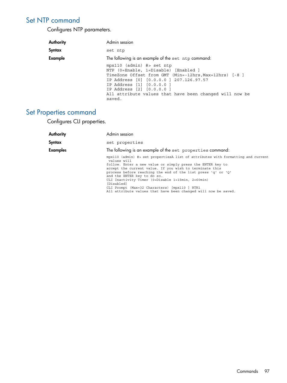 Set ntp command, Set properties command, Set ntp command set properties command | HP IP Distance Gateway User Manual | Page 97 / 153