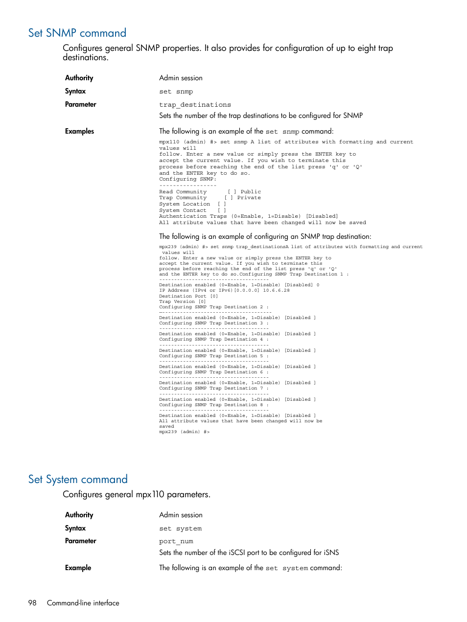 Set snmp command, Set system command, Set snmp command set system command | HP IP Distance Gateway User Manual | Page 98 / 153