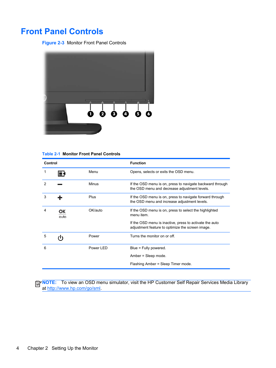 Front panel controls | HP Compaq LE1852ms 18.5-inch LED Backlit Monitor User Manual | Page 10 / 22