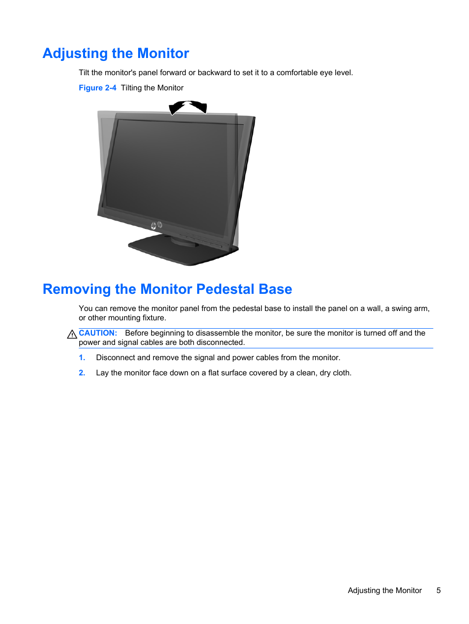 Adjusting the monitor, Removing the monitor pedestal base | HP Compaq LE1852ms 18.5-inch LED Backlit Monitor User Manual | Page 11 / 22