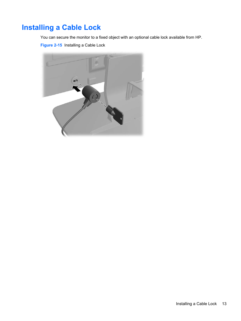 Installing a cable lock | HP Compaq LE1852ms 18.5-inch LED Backlit Monitor User Manual | Page 19 / 22
