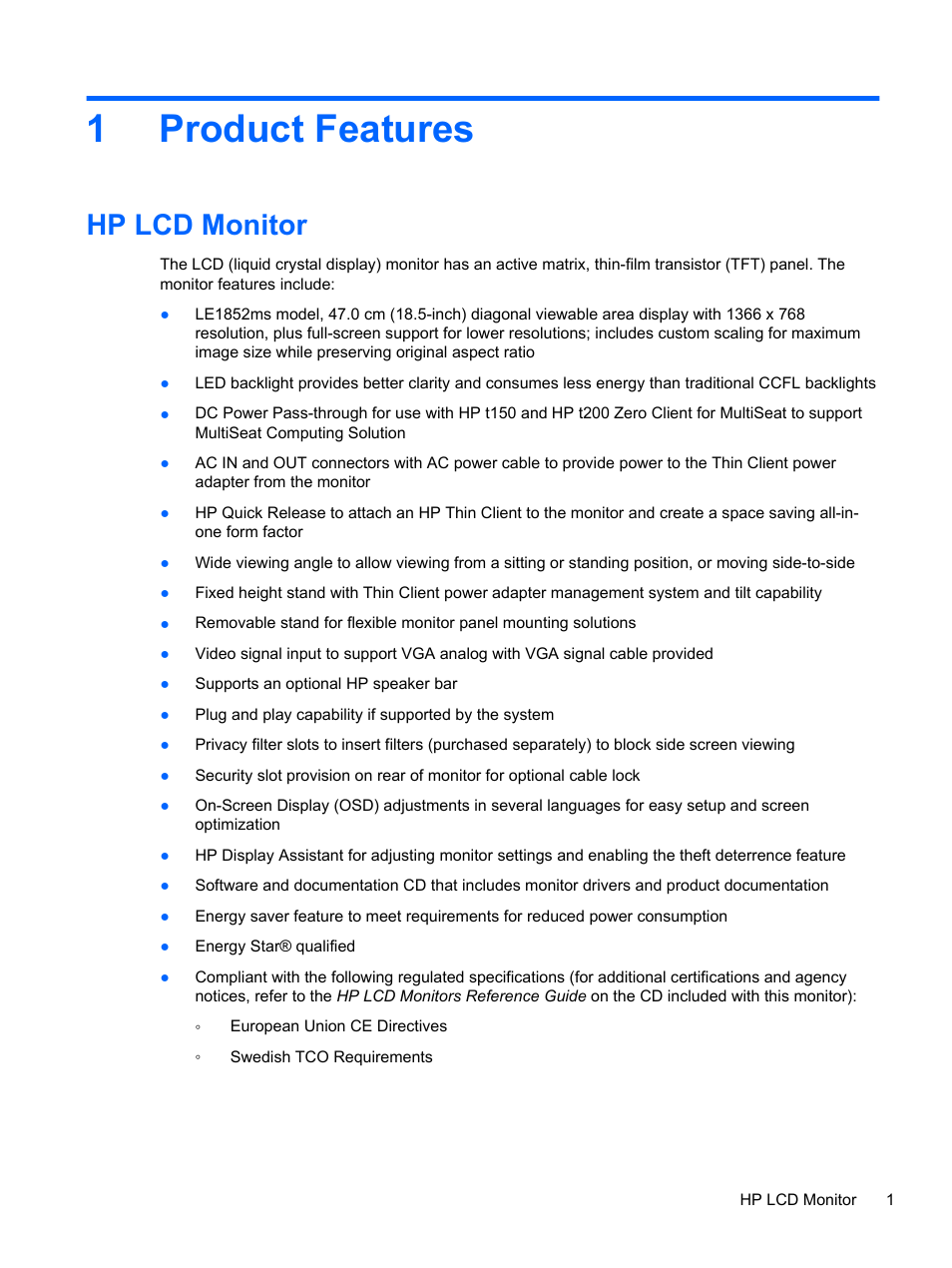 Product features, Hp lcd monitor, 1 product features | 1product features | HP Compaq LE1852ms 18.5-inch LED Backlit Monitor User Manual | Page 7 / 22