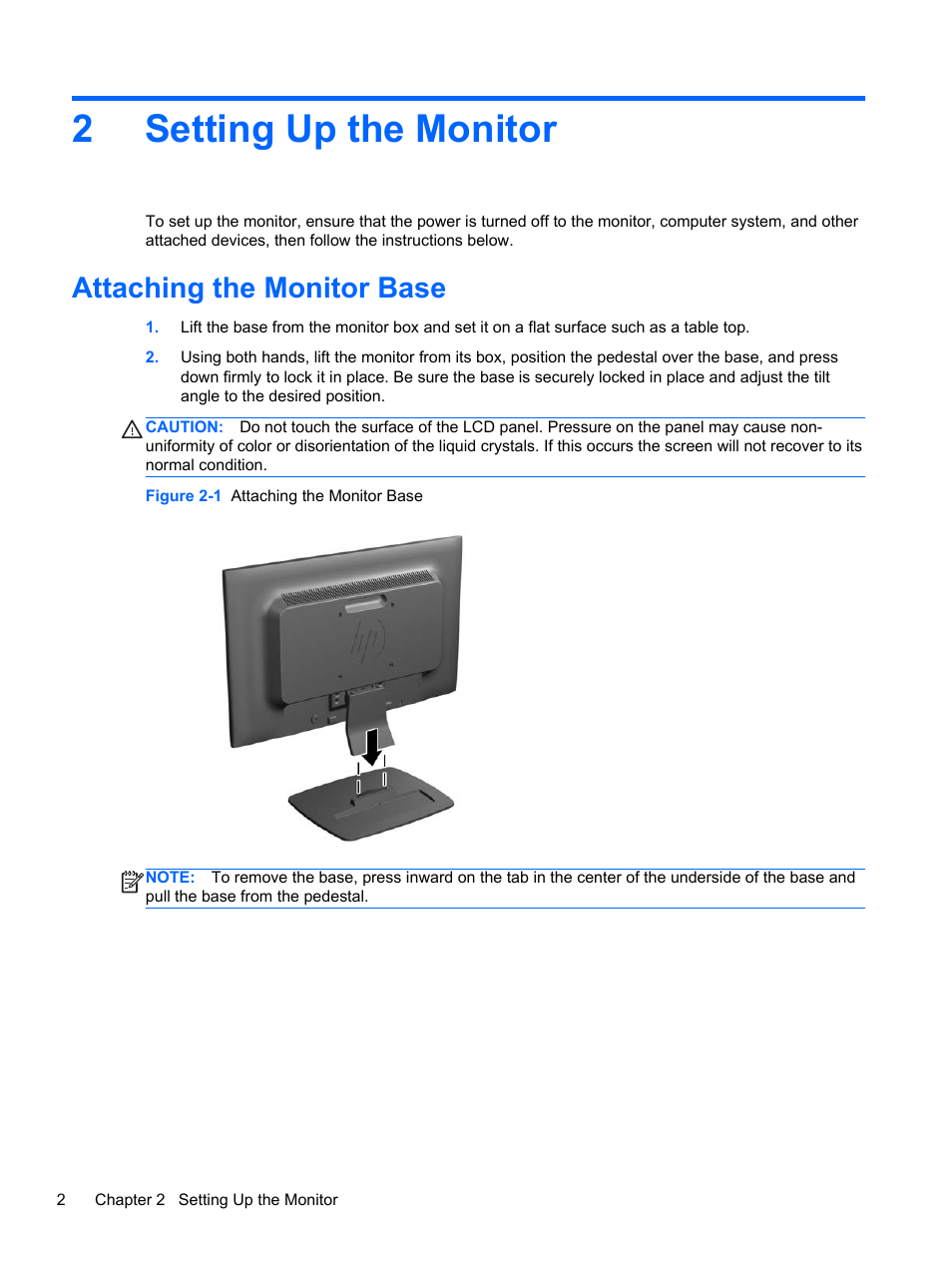 Setting up the monitor, Attaching the monitor base, 2 setting up the monitor | 2setting up the monitor | HP Compaq LE1852ms 18.5-inch LED Backlit Monitor User Manual | Page 8 / 22