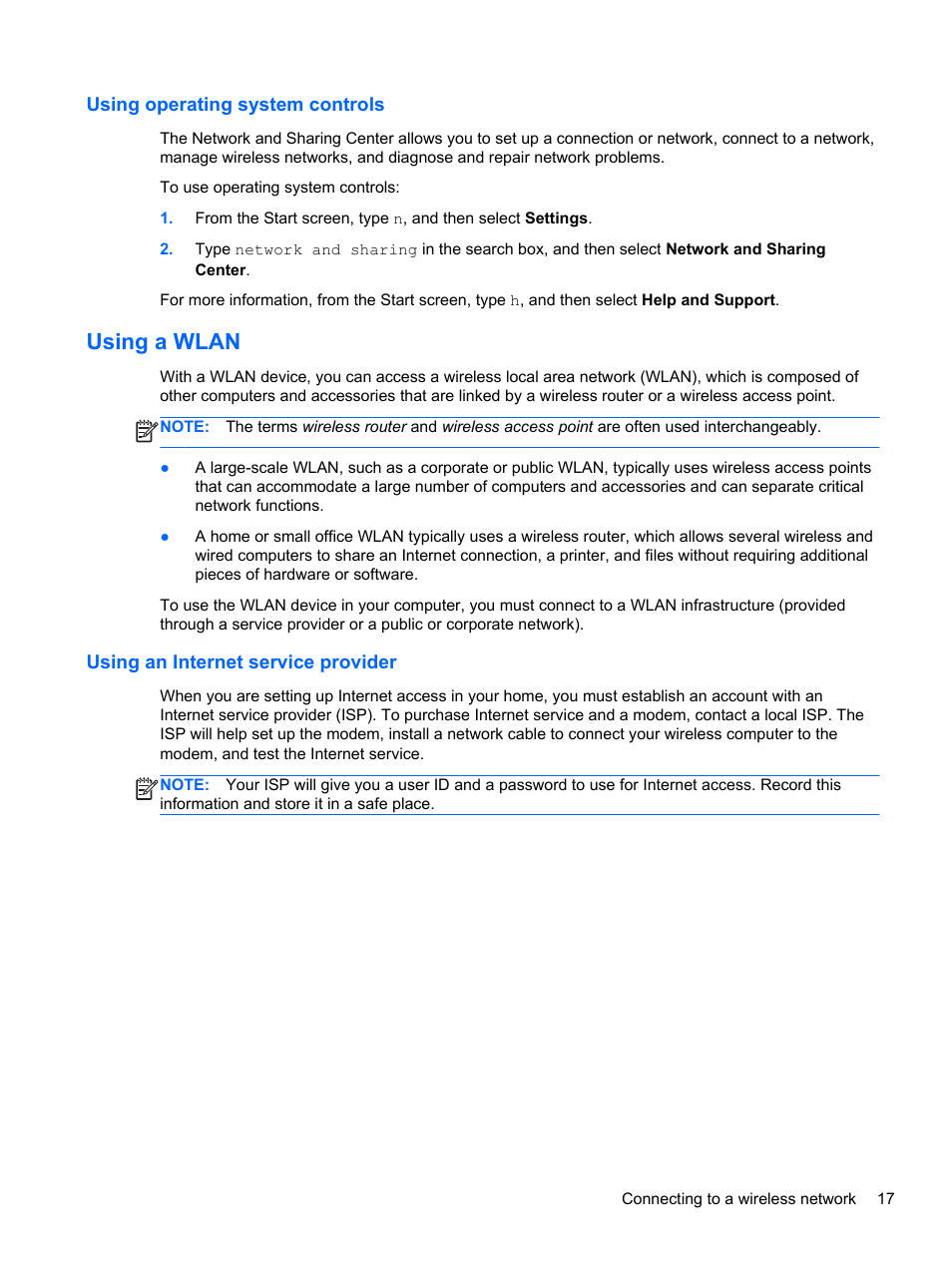 Using operating system controls, Using a wlan, Using an internet service provider | HP EliteBook 2570p Notebook PC User Manual | Page 27 / 107
