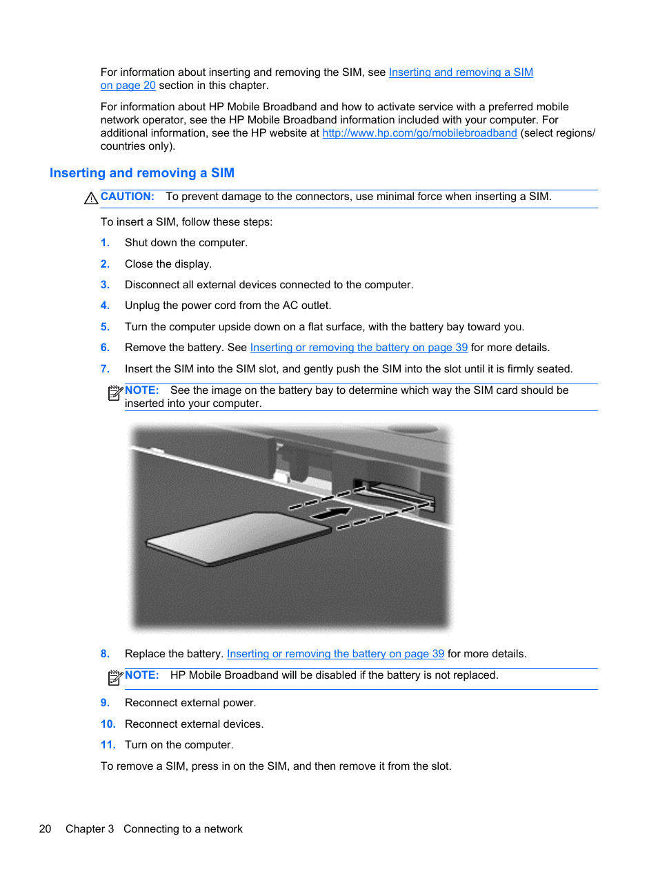 Inserting and removing a sim | HP EliteBook 2570p Notebook PC User Manual | Page 30 / 107