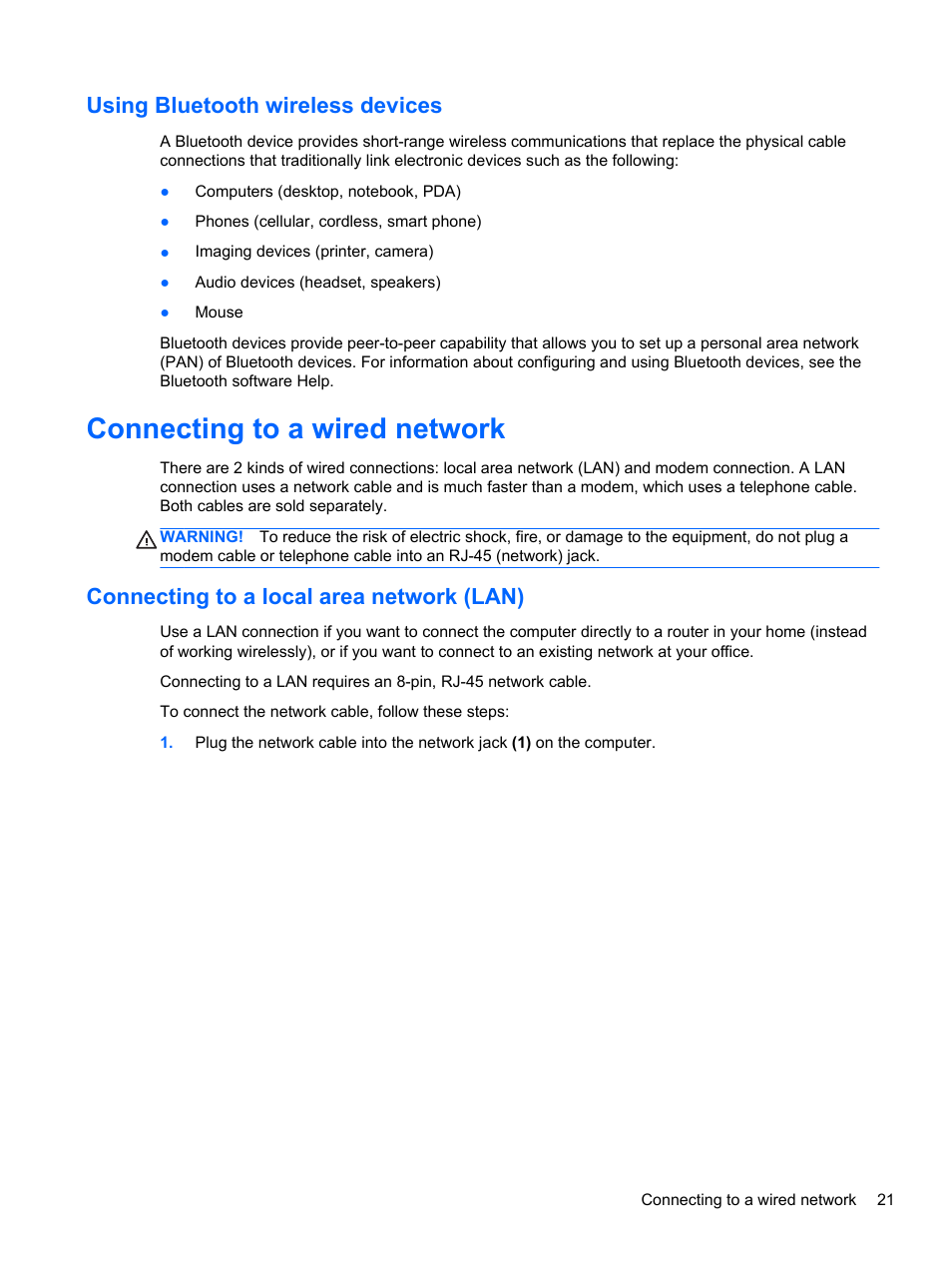 Using bluetooth wireless devices, Connecting to a wired network, Connecting to a local area network (lan) | HP EliteBook 2570p Notebook PC User Manual | Page 31 / 107