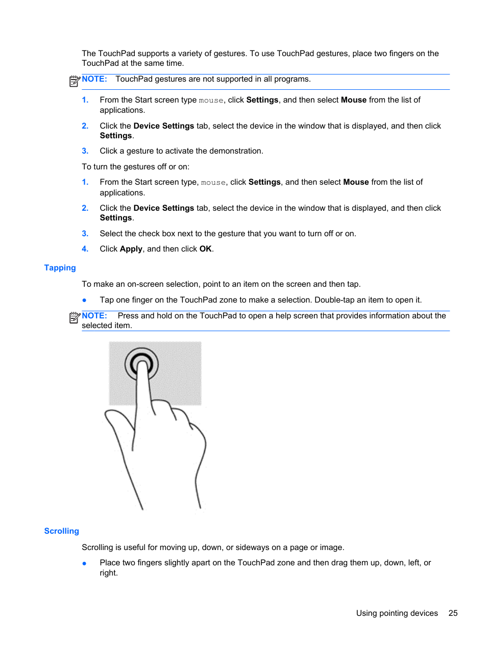 Tapping, Scrolling, Tapping scrolling | HP EliteBook 2570p Notebook PC User Manual | Page 35 / 107