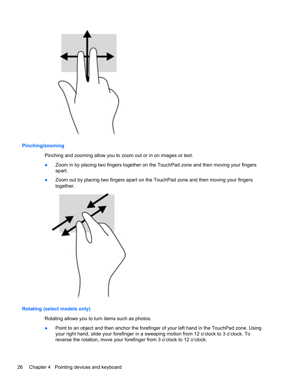 Pinching/zooming, Rotating (select models only), Pinching/zooming rotating (select models only) | HP EliteBook 2570p Notebook PC User Manual | Page 36 / 107