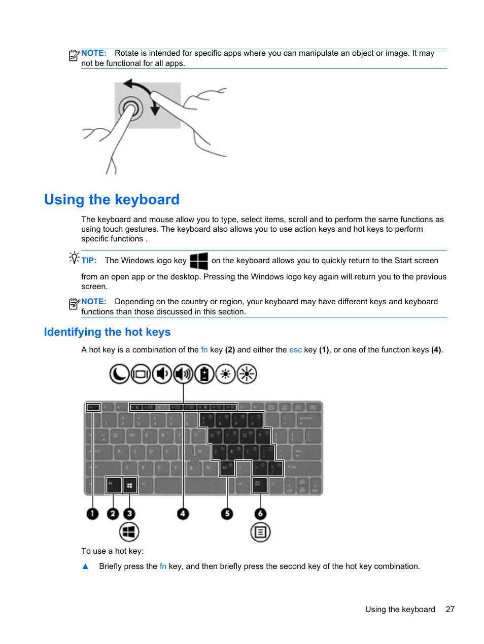 Using the keyboard, Identifying the hot keys | HP EliteBook 2570p Notebook PC User Manual | Page 37 / 107