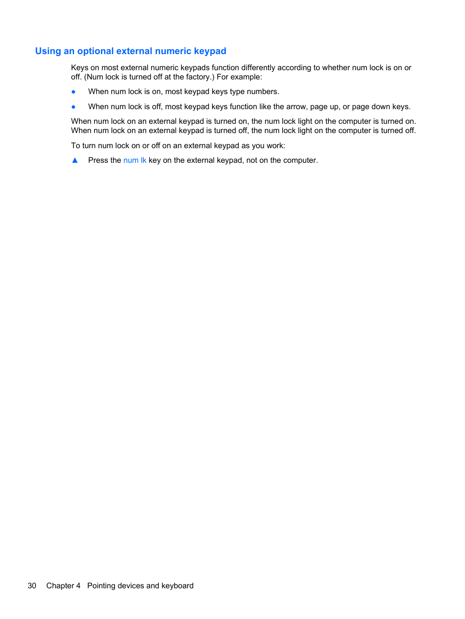 Using an optional external numeric keypad | HP EliteBook 2570p Notebook PC User Manual | Page 40 / 107