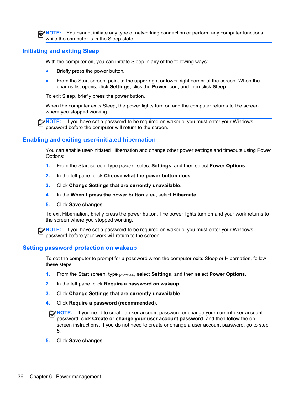 Initiating and exiting sleep, Enabling and exiting user-initiated hibernation, Setting password protection on wakeup | HP EliteBook 2570p Notebook PC User Manual | Page 46 / 107