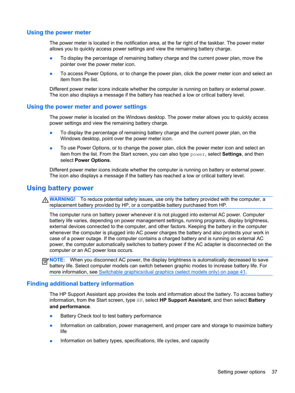 Using the power meter, Using the power meter and power settings, Using battery power | Finding additional battery information | HP EliteBook 2570p Notebook PC User Manual | Page 47 / 107