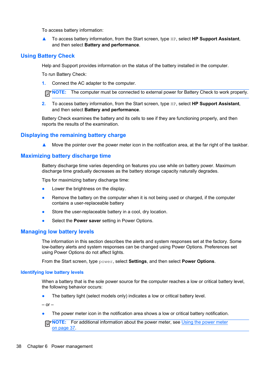 Using battery check, Displaying the remaining battery charge, Maximizing battery discharge time | Managing low battery levels, Identifying low battery levels | HP EliteBook 2570p Notebook PC User Manual | Page 48 / 107