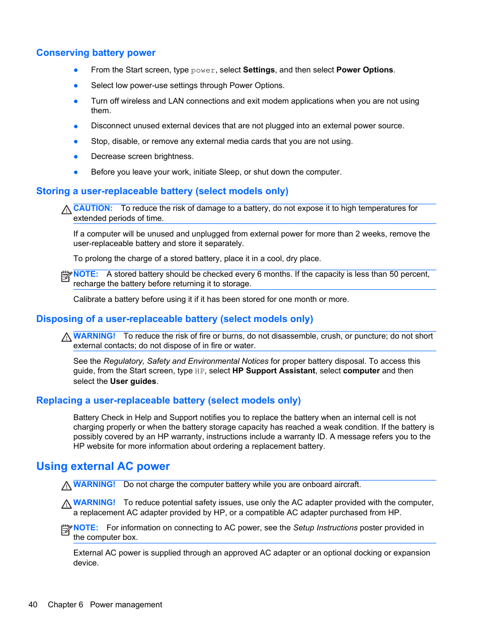 Conserving battery power, Using external ac power | HP EliteBook 2570p Notebook PC User Manual | Page 50 / 107