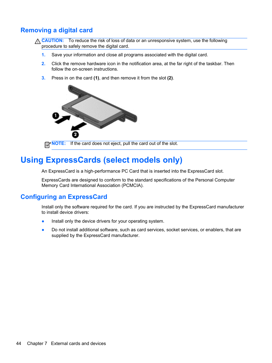 Removing a digital card, Using expresscards (select models only), Configuring an expresscard | HP EliteBook 2570p Notebook PC User Manual | Page 54 / 107