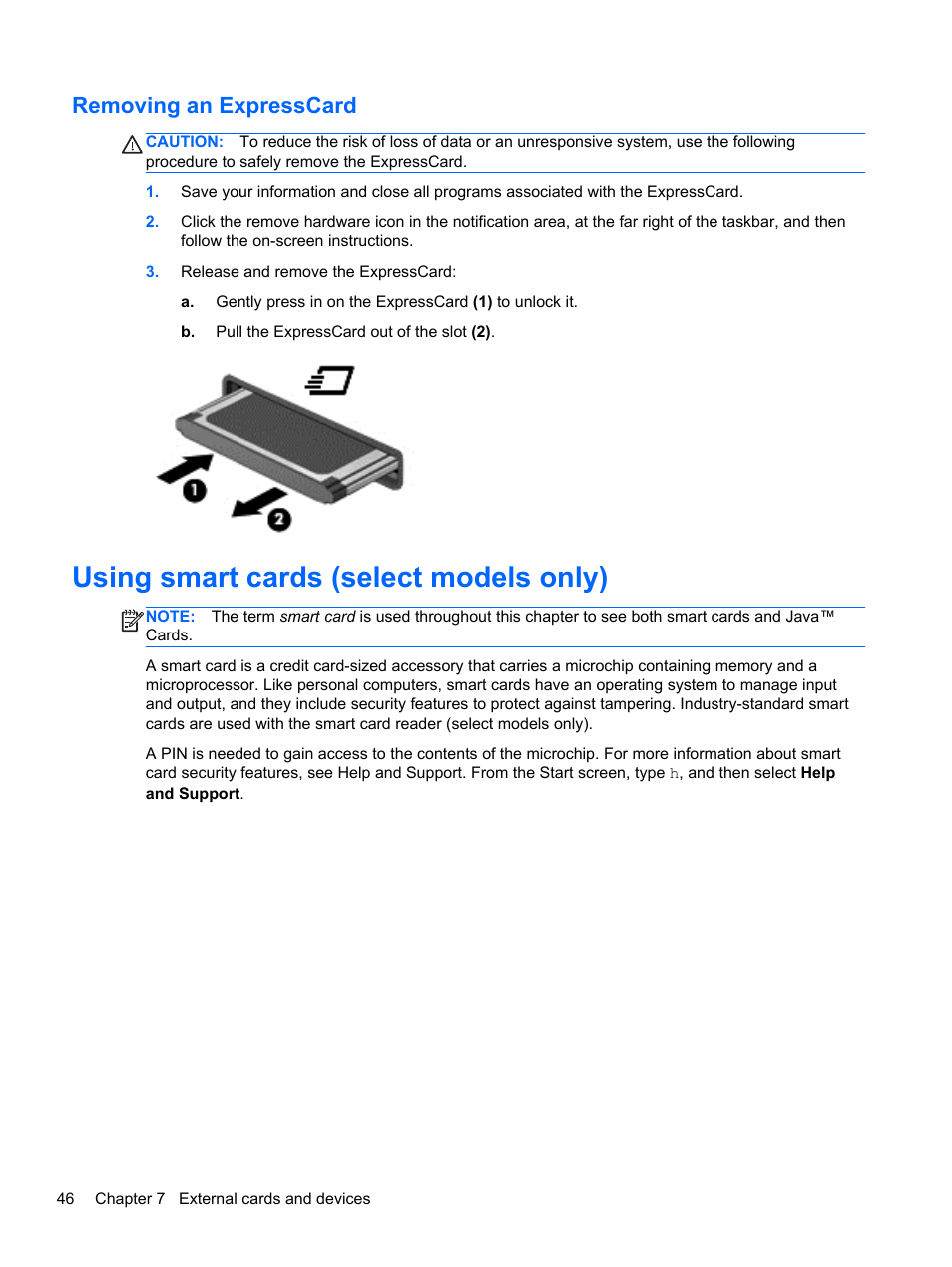 Removing an expresscard, Using smart cards (select models only) | HP EliteBook 2570p Notebook PC User Manual | Page 56 / 107