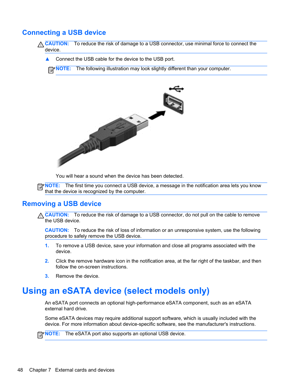 Connecting a usb device, Removing a usb device, Using an esata device (select models only) | Connecting a usb device removing a usb device | HP EliteBook 2570p Notebook PC User Manual | Page 58 / 107