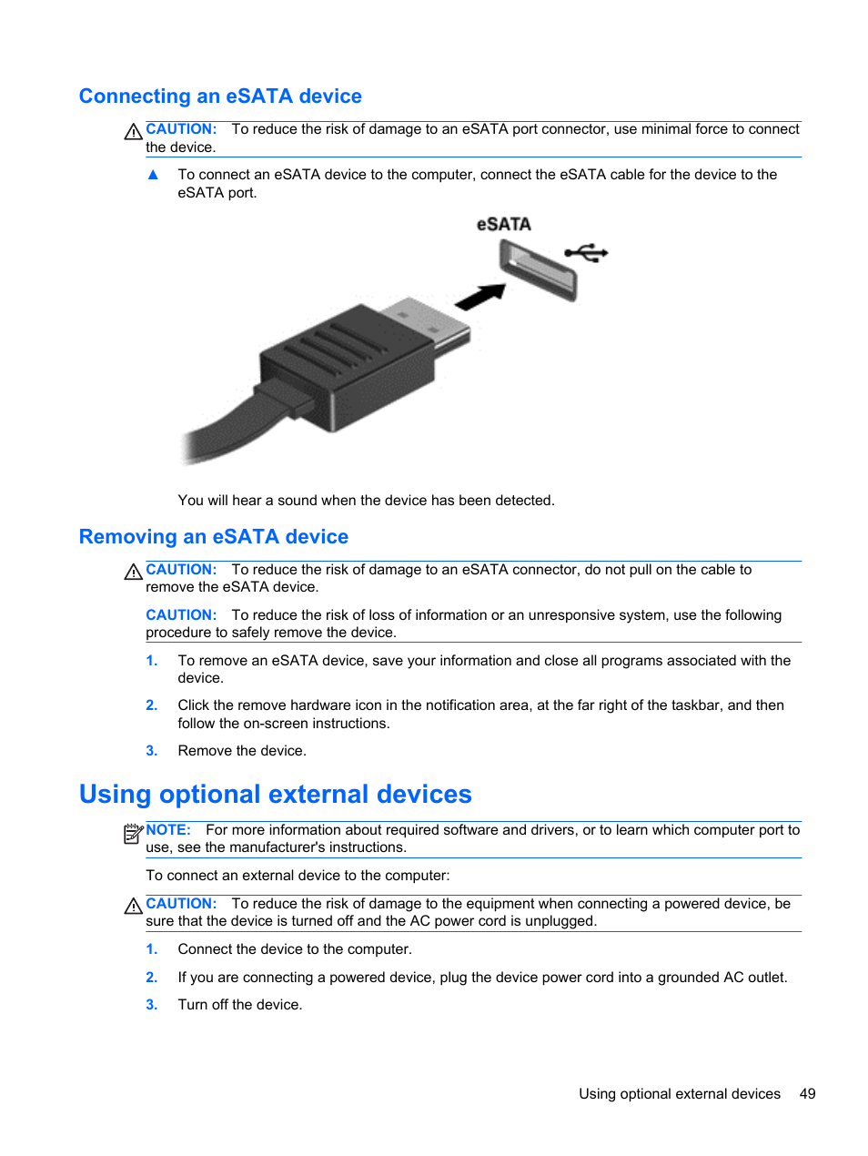 Connecting an esata device, Removing an esata device, Using optional external devices | HP EliteBook 2570p Notebook PC User Manual | Page 59 / 107
