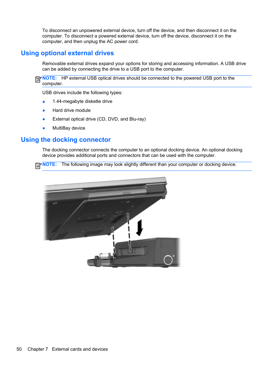 Using optional external drives, Using the docking connector | HP EliteBook 2570p Notebook PC User Manual | Page 60 / 107