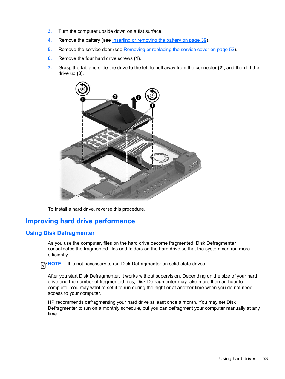 Improving hard drive performance, Using disk defragmenter | HP EliteBook 2570p Notebook PC User Manual | Page 63 / 107
