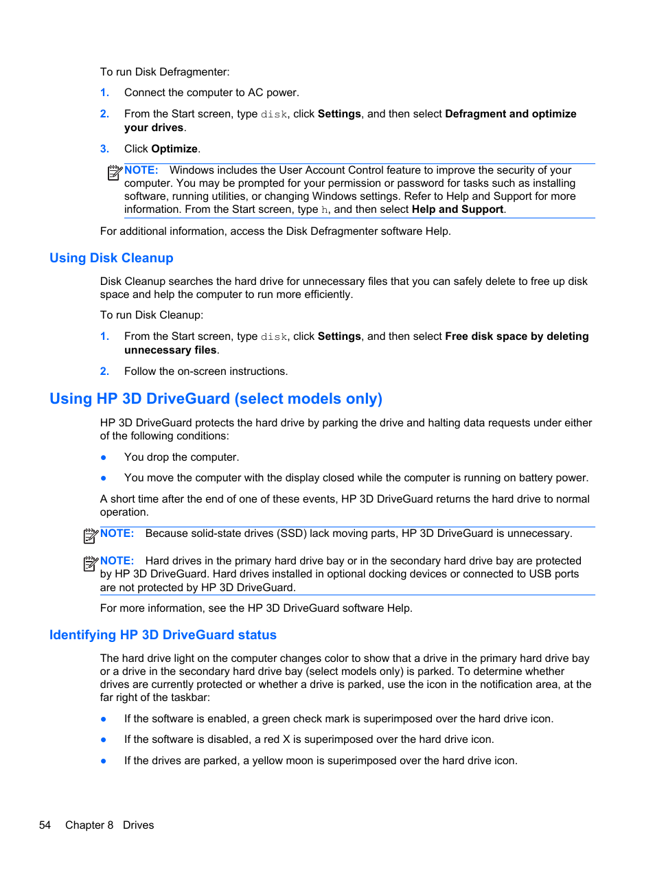 Using disk cleanup, Using hp 3d driveguard (select models only), Identifying hp 3d driveguard status | HP EliteBook 2570p Notebook PC User Manual | Page 64 / 107