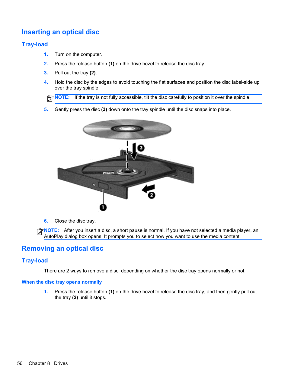 Inserting an optical disc, Tray-load, Removing an optical disc | When the disc tray opens normally | HP EliteBook 2570p Notebook PC User Manual | Page 66 / 107