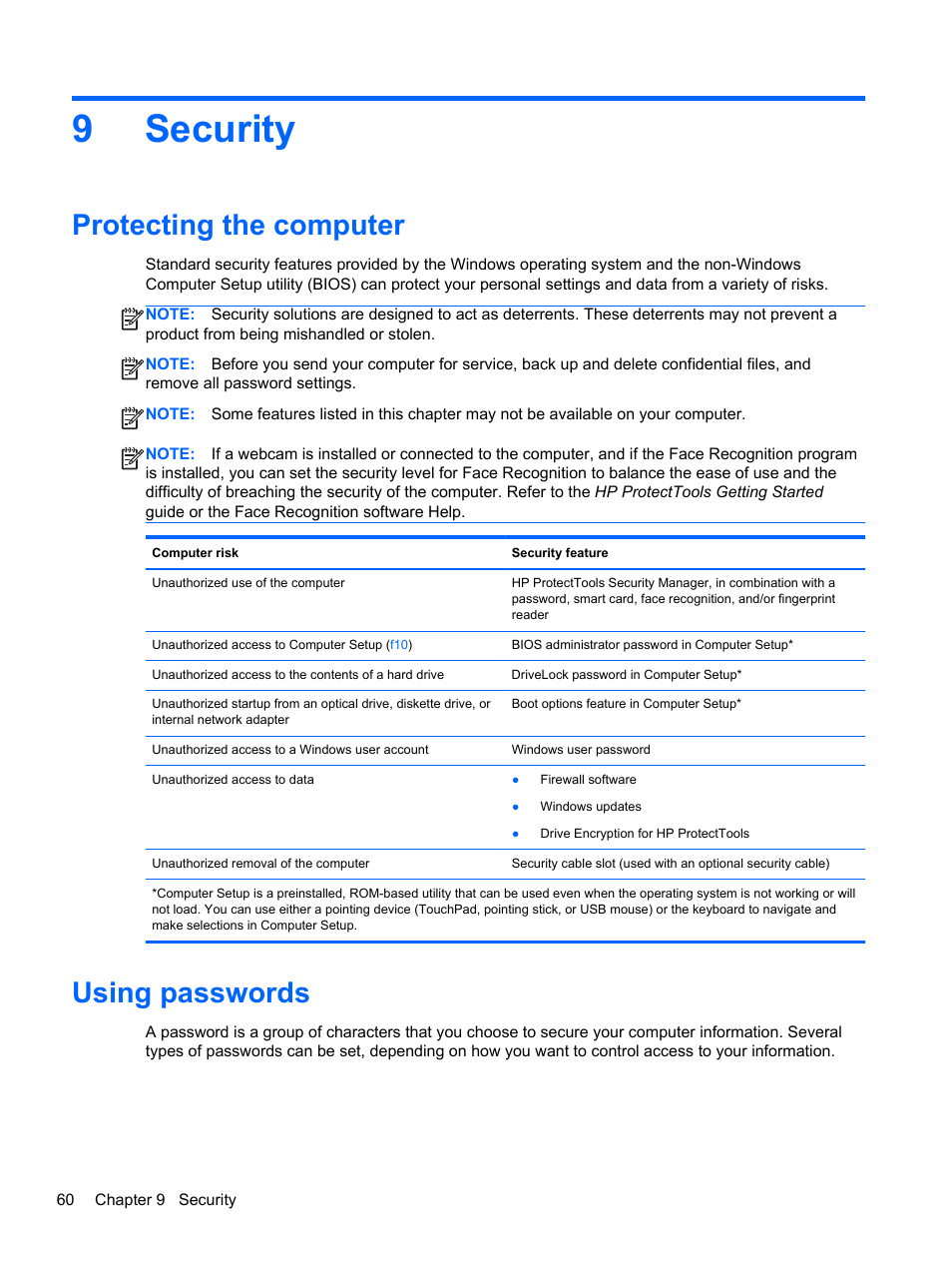 Security, Protecting the computer, Using passwords | 9 security, Protecting the computer using passwords, 9security | HP EliteBook 2570p Notebook PC User Manual | Page 70 / 107