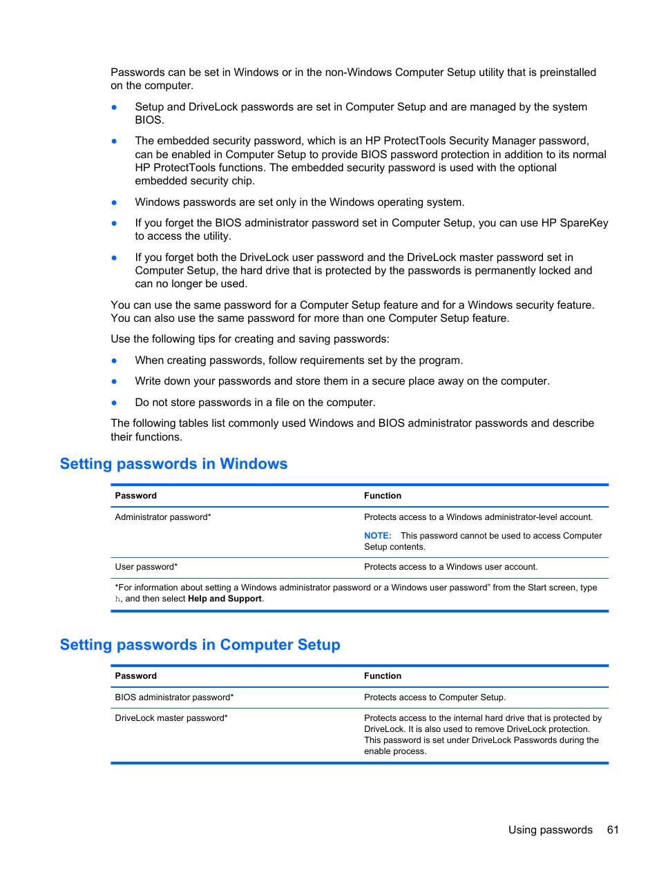 Setting passwords in windows, Setting passwords in computer setup | HP EliteBook 2570p Notebook PC User Manual | Page 71 / 107
