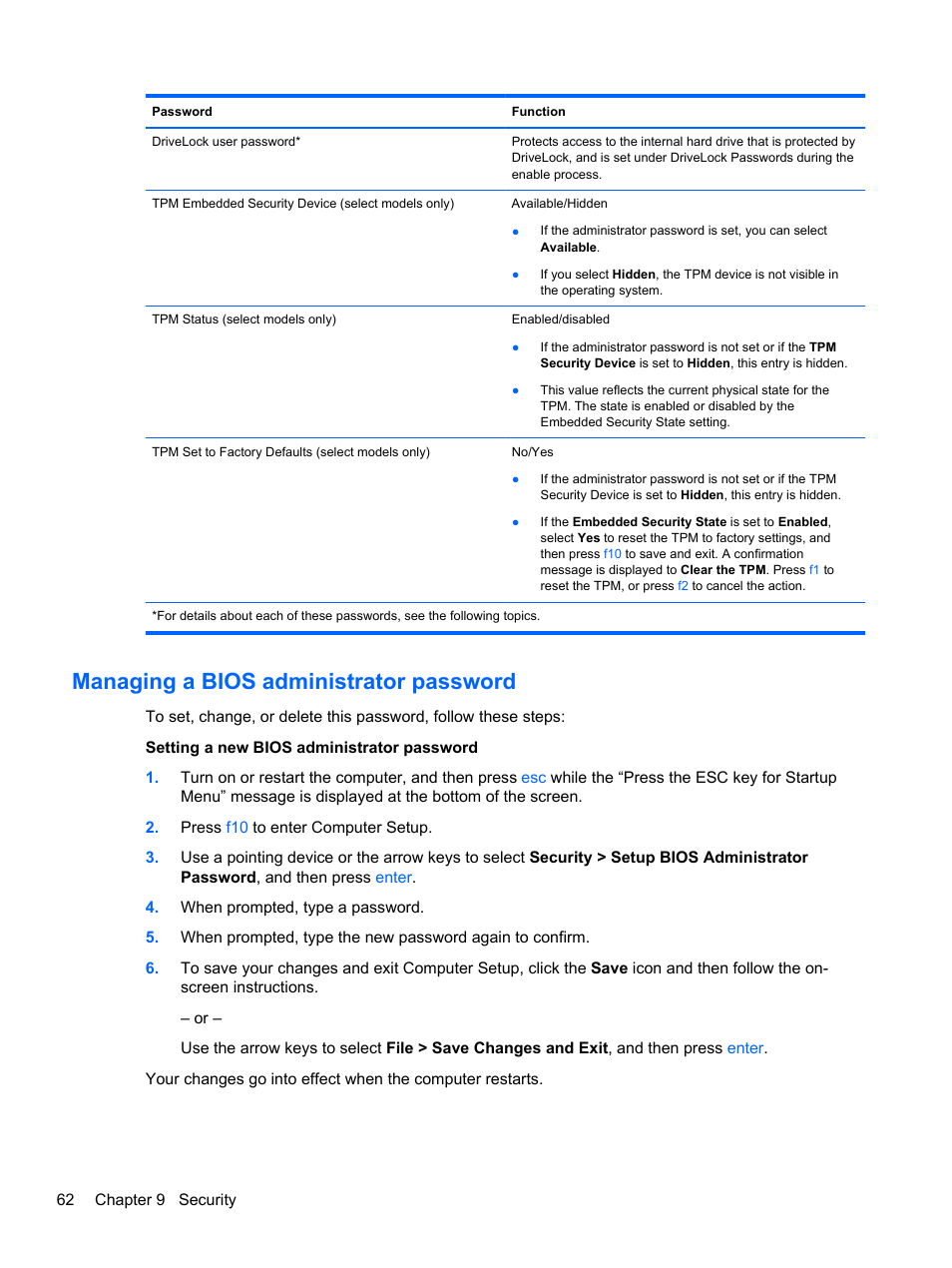 Managing a bios administrator password | HP EliteBook 2570p Notebook PC User Manual | Page 72 / 107