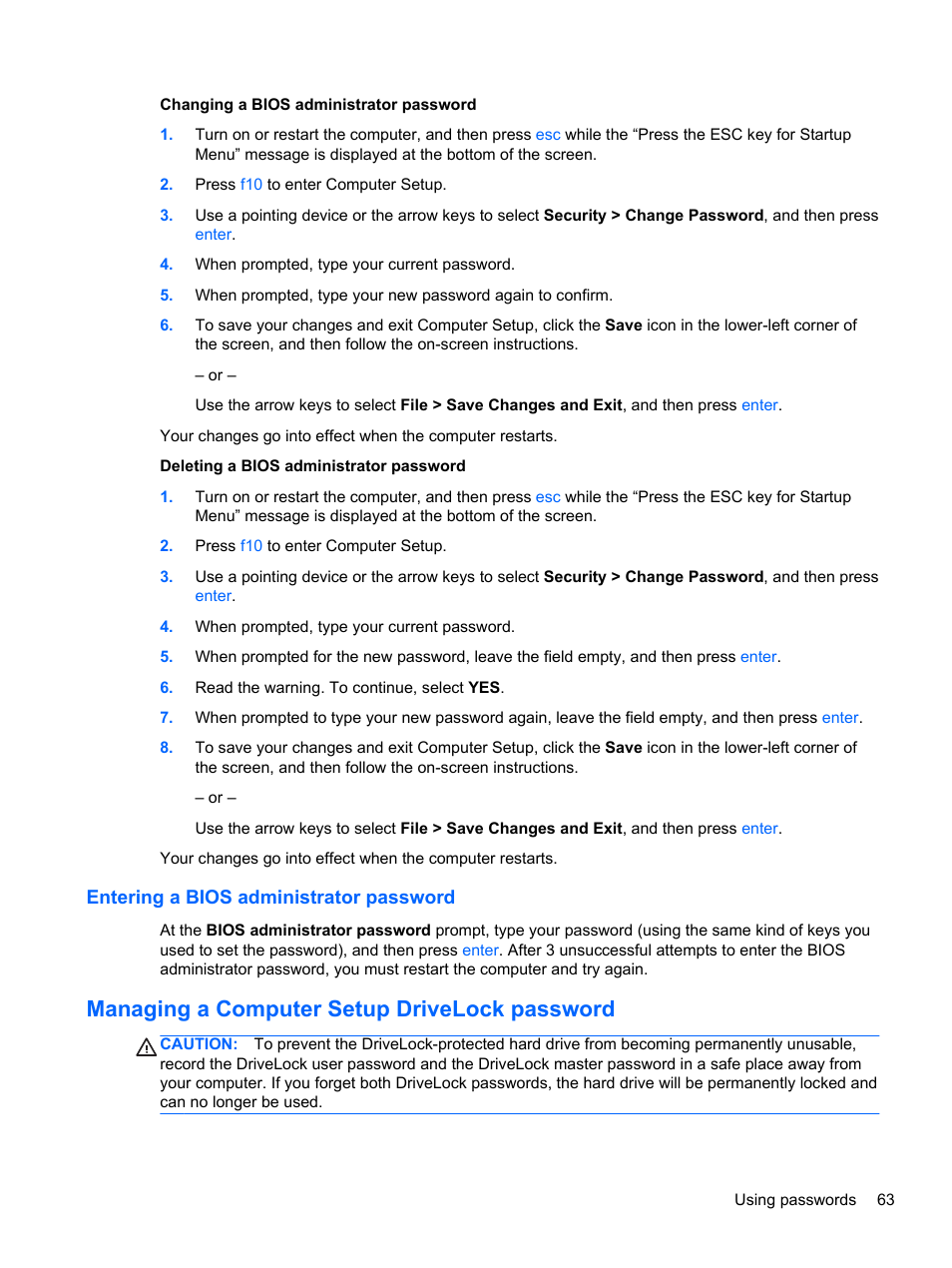 Entering a bios administrator password, Managing a computer setup drivelock password | HP EliteBook 2570p Notebook PC User Manual | Page 73 / 107
