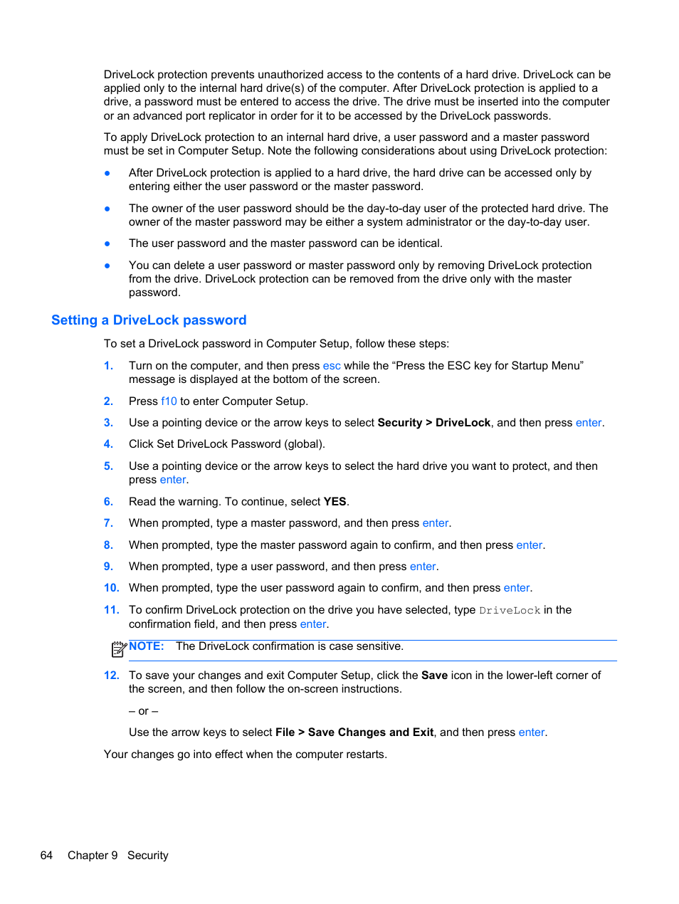 Setting a drivelock password | HP EliteBook 2570p Notebook PC User Manual | Page 74 / 107