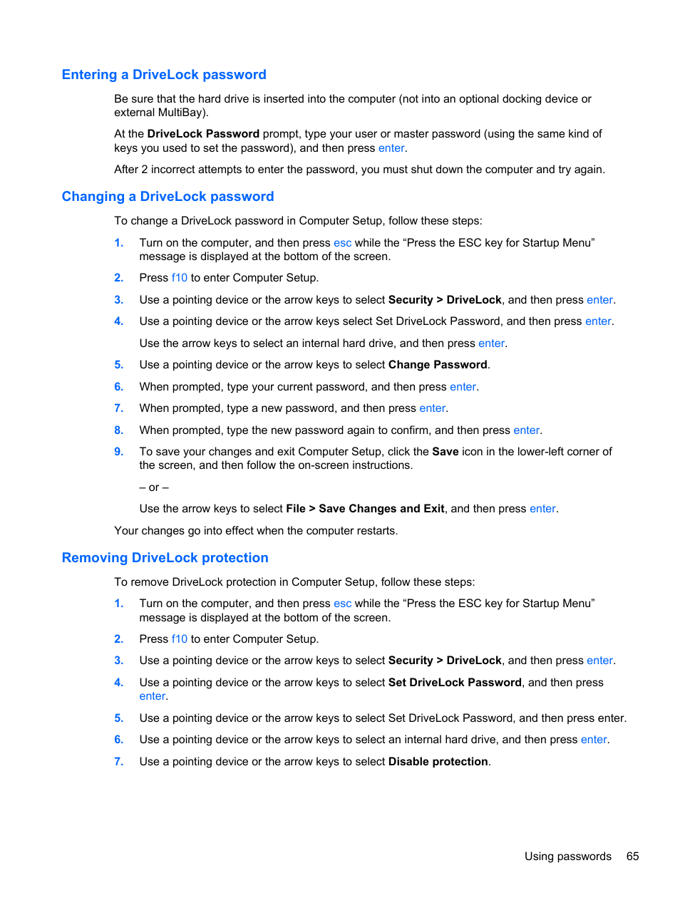 Entering a drivelock password, Changing a drivelock password, Removing drivelock protection | HP EliteBook 2570p Notebook PC User Manual | Page 75 / 107