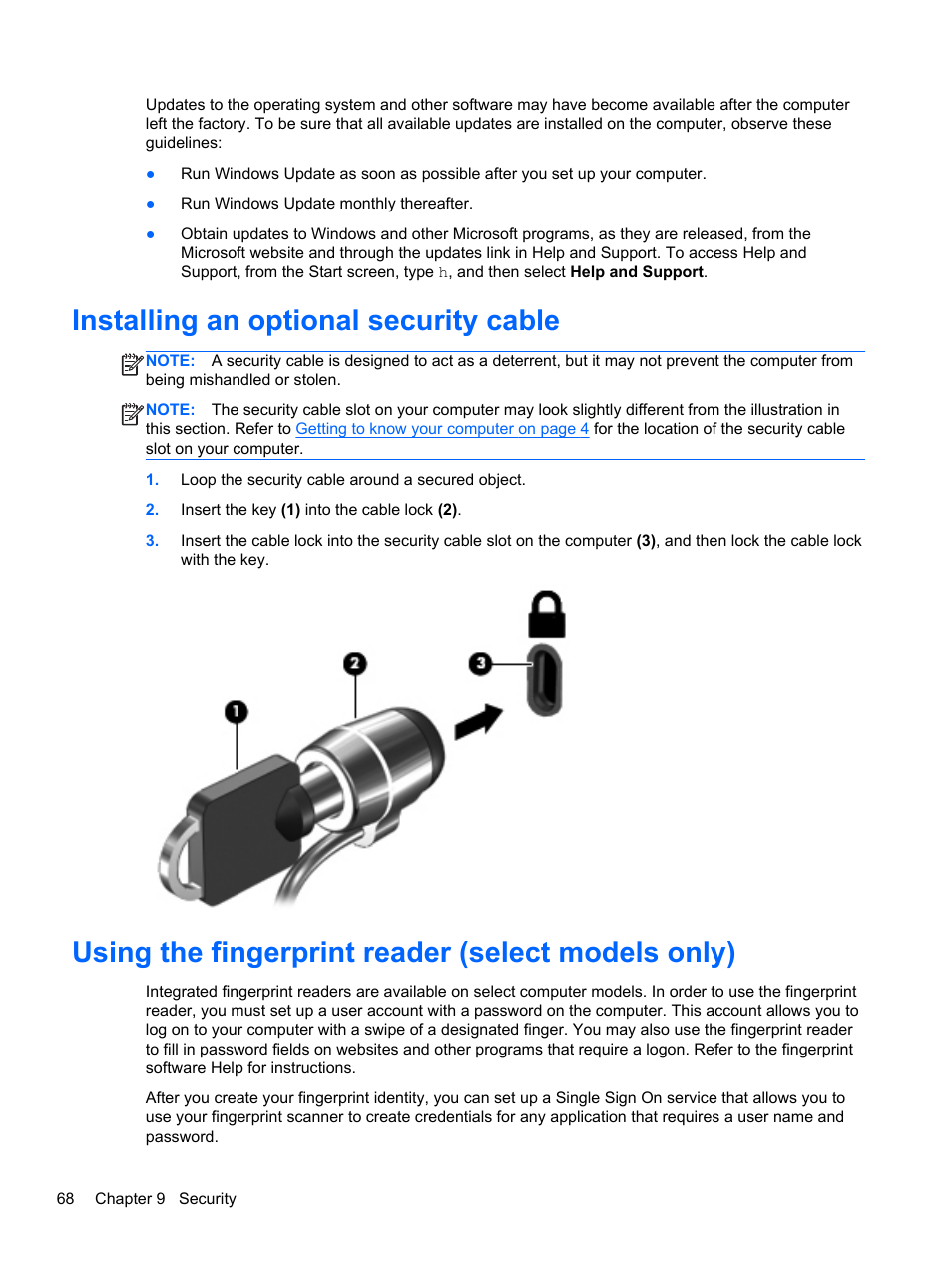 Installing an optional security cable, Using the fingerprint reader (select models only) | HP EliteBook 2570p Notebook PC User Manual | Page 78 / 107