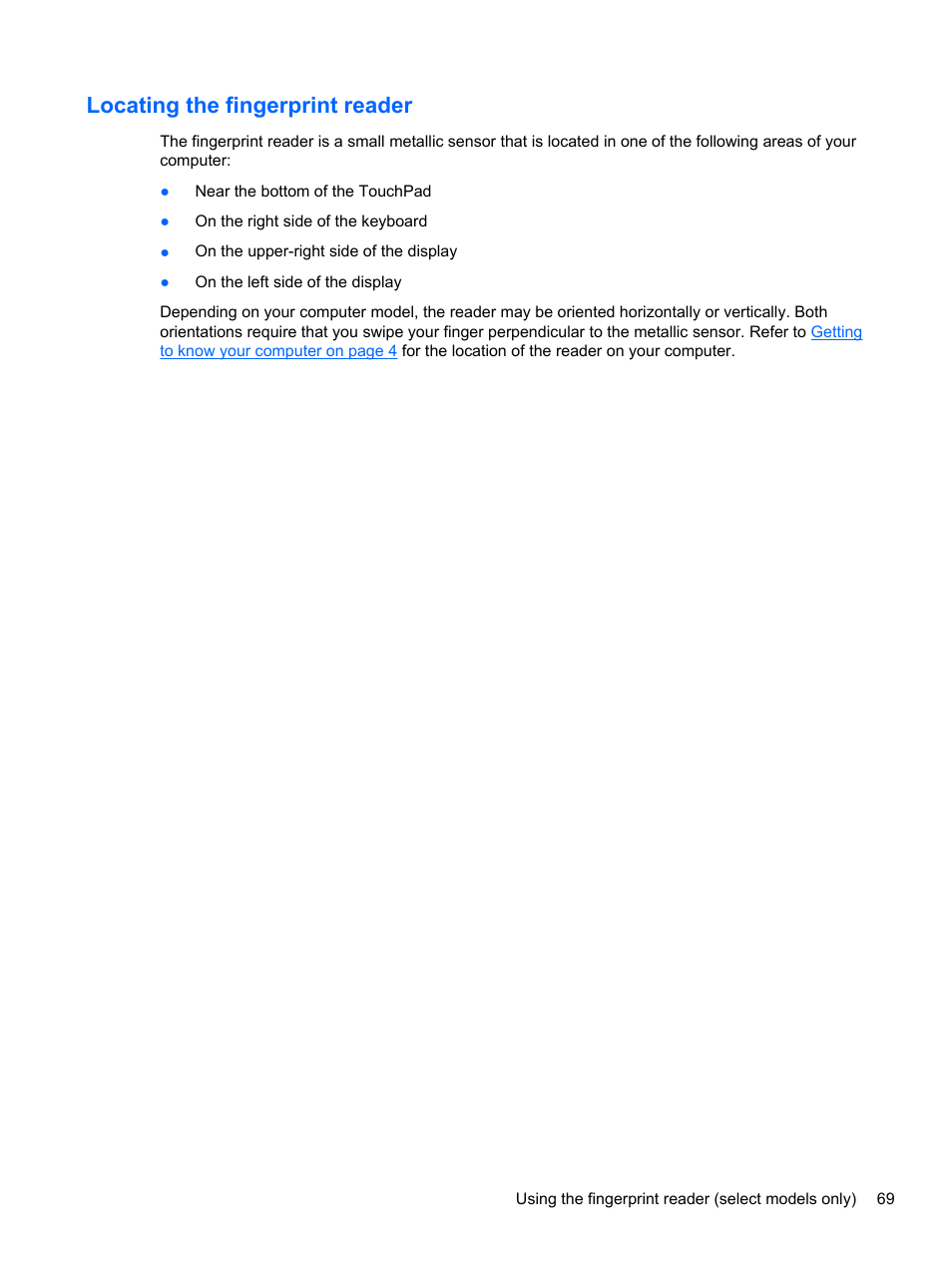 Locating the fingerprint reader | HP EliteBook 2570p Notebook PC User Manual | Page 79 / 107