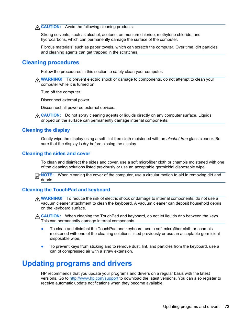 Cleaning procedures, Cleaning the display, Cleaning the sides and cover | Cleaning the touchpad and keyboard, Updating programs and drivers | HP EliteBook 2570p Notebook PC User Manual | Page 83 / 107