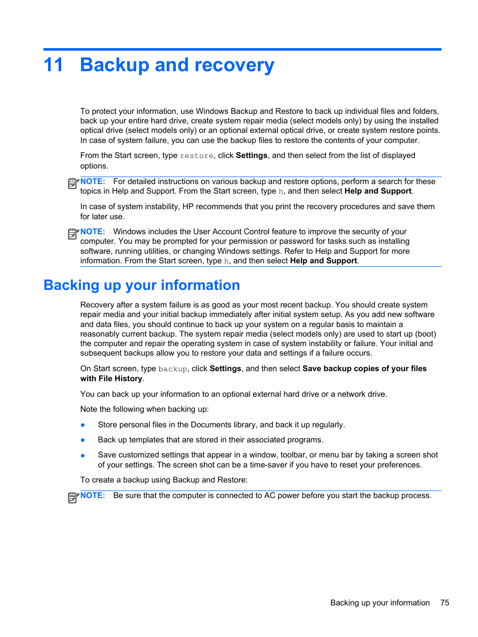 Backup and recovery, Backing up your information, 11 backup and recovery | Backup and | HP EliteBook 2570p Notebook PC User Manual | Page 85 / 107