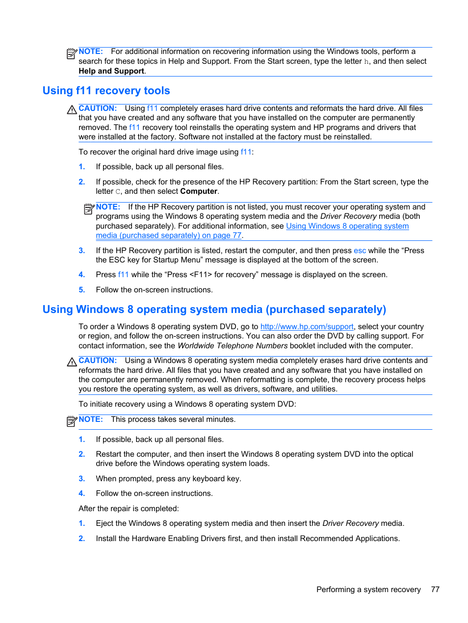 Using f11 recovery tools | HP EliteBook 2570p Notebook PC User Manual | Page 87 / 107