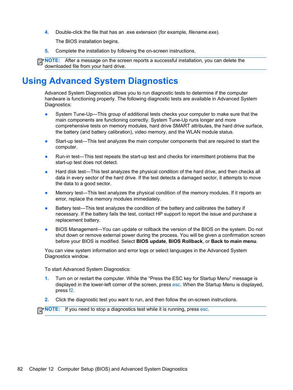 Using advanced system diagnostics | HP EliteBook 2570p Notebook PC User Manual | Page 92 / 107