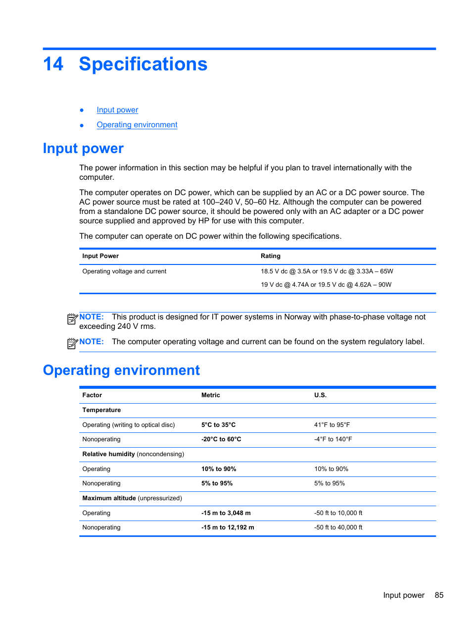 Specifications, Input power, Operating environment | 14 specifications | HP EliteBook 2570p Notebook PC User Manual | Page 95 / 107