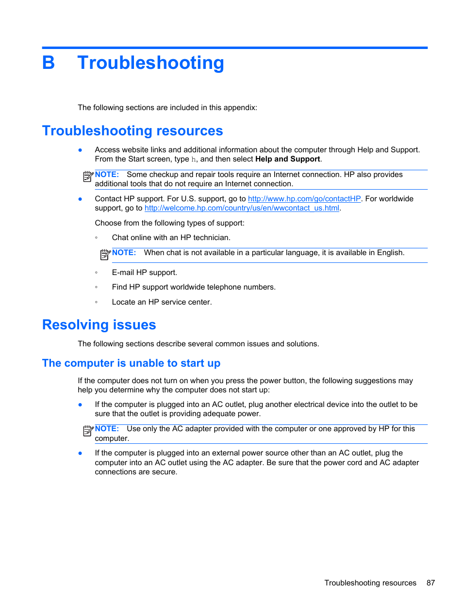 Troubleshooting, Troubleshooting resources, Resolving issues | The computer is unable to start up, Appendix b troubleshooting, Troubleshooting resources resolving issues, Btroubleshooting | HP EliteBook 2570p Notebook PC User Manual | Page 97 / 107