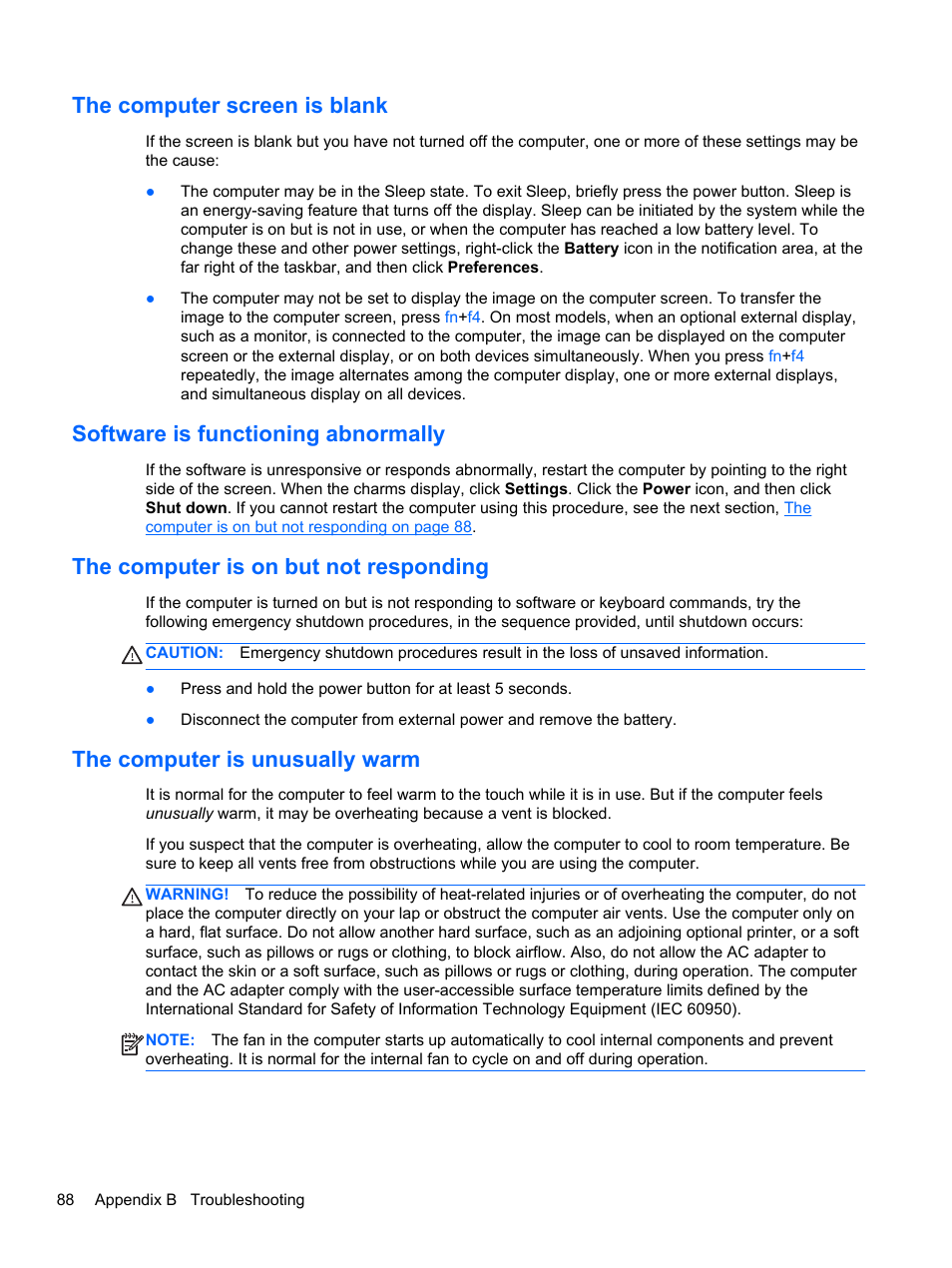 The computer screen is blank, Software is functioning abnormally, The computer is on but not responding | The computer is unusually warm | HP EliteBook 2570p Notebook PC User Manual | Page 98 / 107